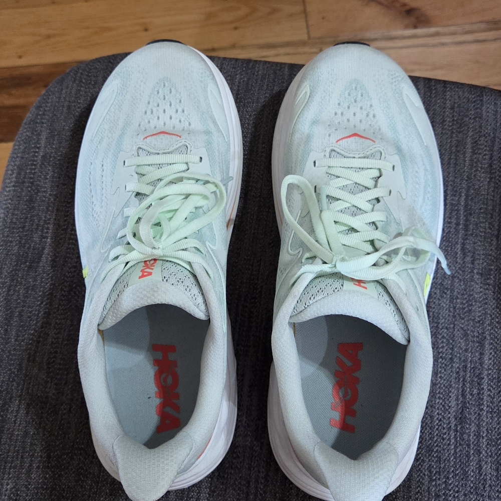 Hoka Mint Green and Coral Running Shoes